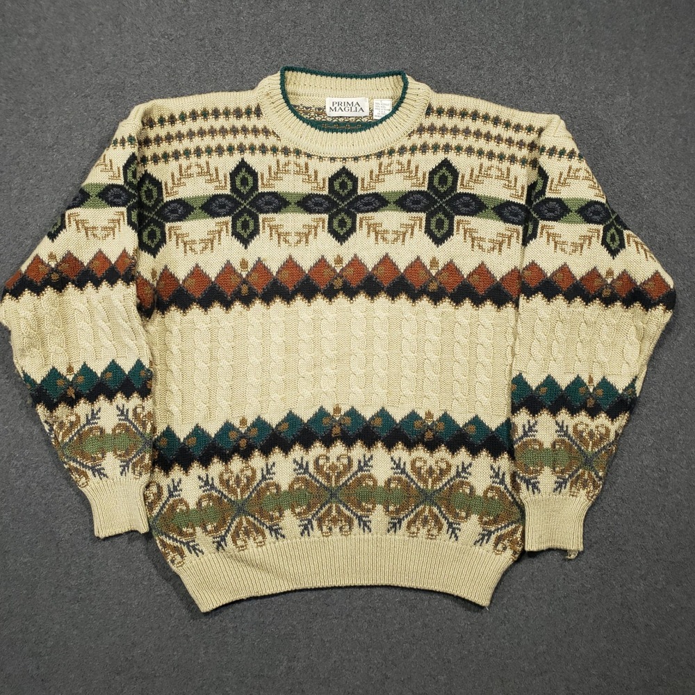 Prima Maglia‎ Vintage Cable Knit Fair Isle Sweater Mens Large Cream Wool Blend